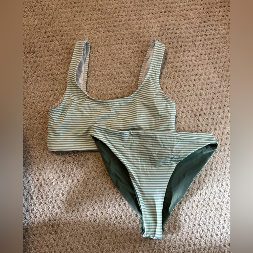 June Swimwear Women's Green Pinstripe surf bikini, Size: Medium
